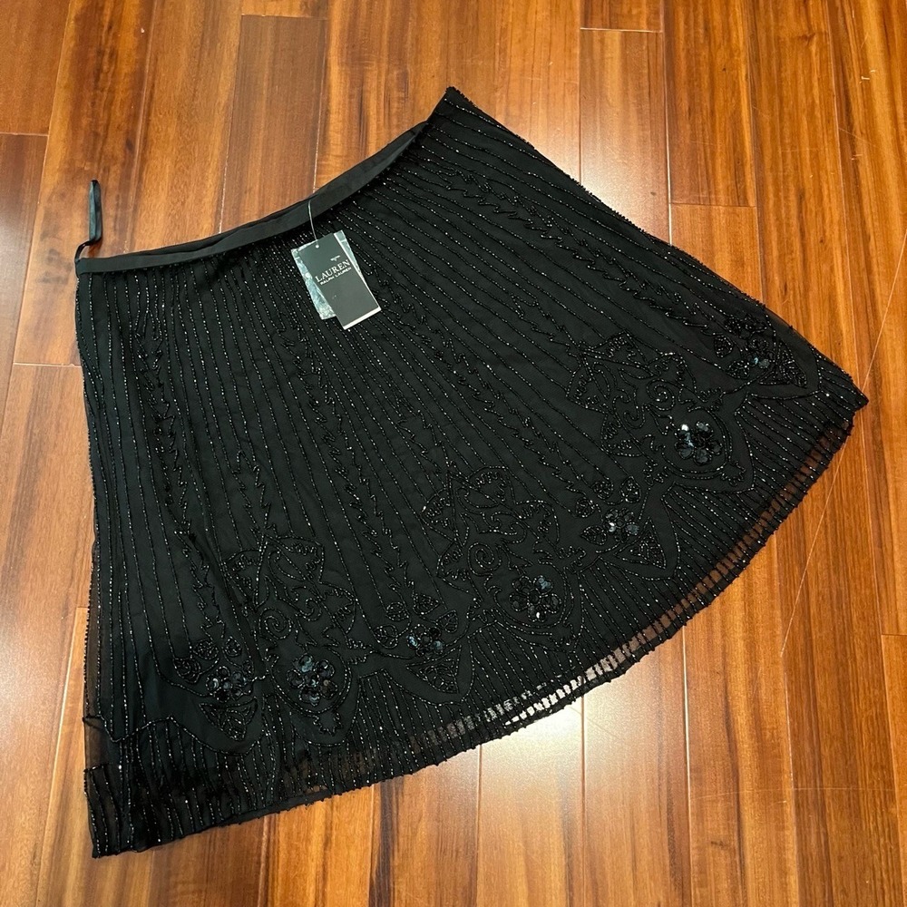 LAUREN Ralph Lauren Sequin Skirt Black Beaded A-Line Mini Midi Party New Size 14